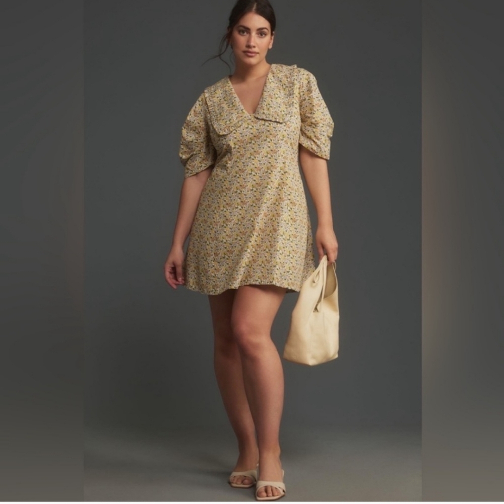 Anthropologie Yellow Lightweight Floral Cotton Collared Puff Sleeve Mini Dress - Picture 2 of 16